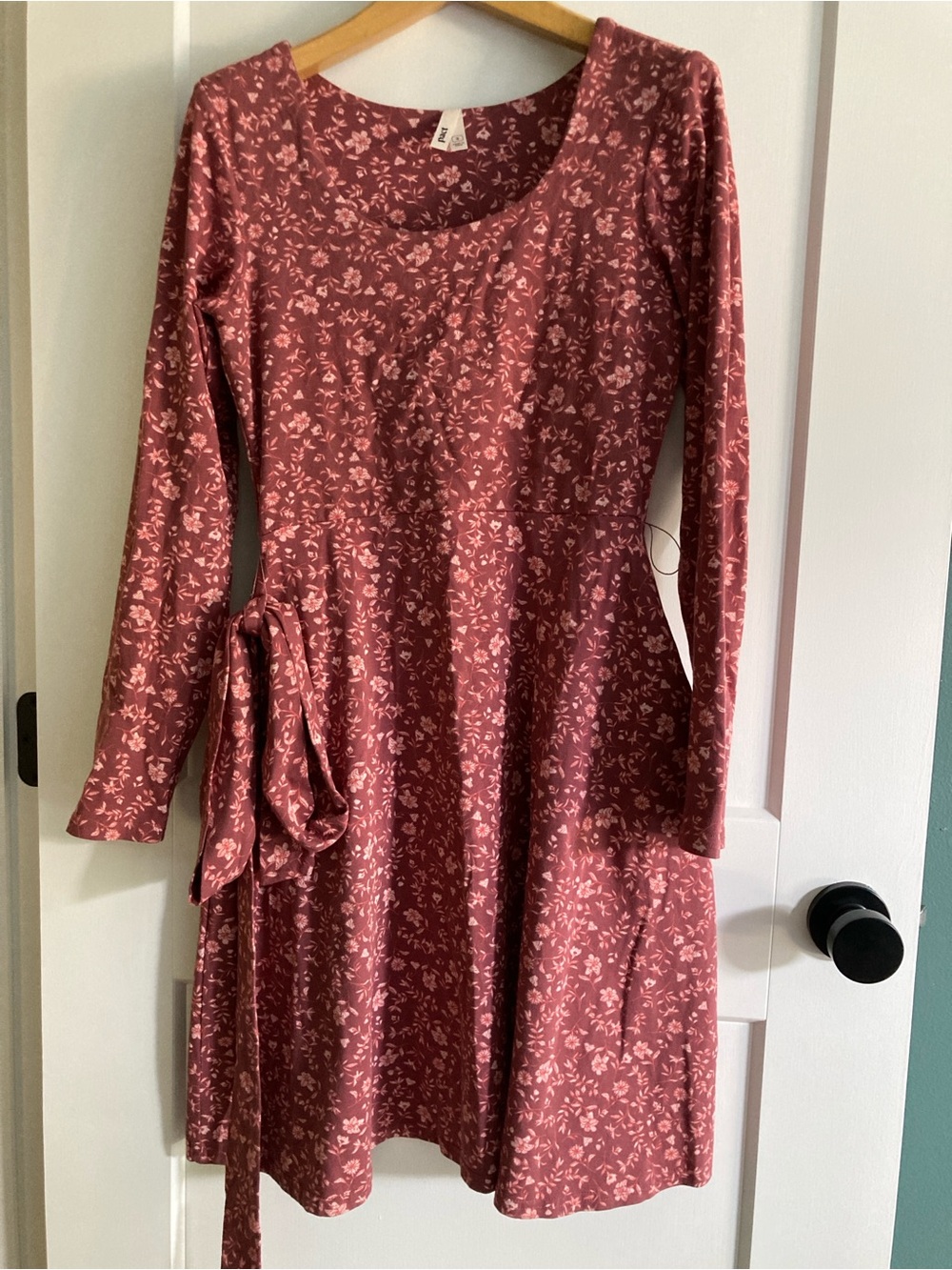 Pact Organic Cotton Long-Sleeve Floral Tie-Waist Dress in Dusty Rose